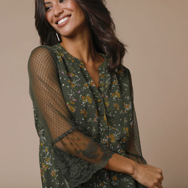 Robe dentelle manches 3/4 imprimée - 38 - Kaki - Lora Zellini – Image 2