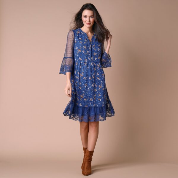 Robe dentelle manches 3/4 imprimée - 44 - Bleu - Lora Zellini – Image 2