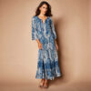 Robe longue imprimée manches 3/4 fendues, crépon - 54 - Bleu - Lora Zellini – Image 2
