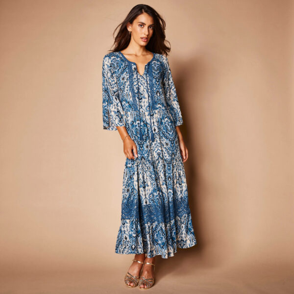 Robe longue imprimée manches 3/4 fendues, crépon - 52 - Bleu - Lora Zellini – Image 2