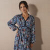 Robe longue imprimé floral finition macramé - 48 - Bleu - Lora Zellini