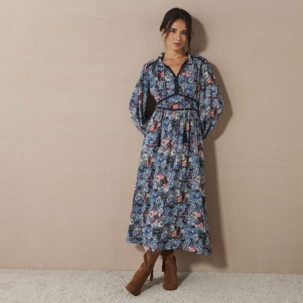 Robe longue imprimé floral finition macramé - 48 - Bleu - Lora Zellini – Image 2