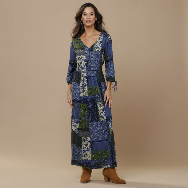 Robe longue imprimé patchwork col V - 58 - Bleu - Lora Zellini