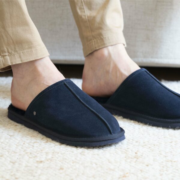 Isotoner - Chaussons mules Homme Cuir Marine fourrées